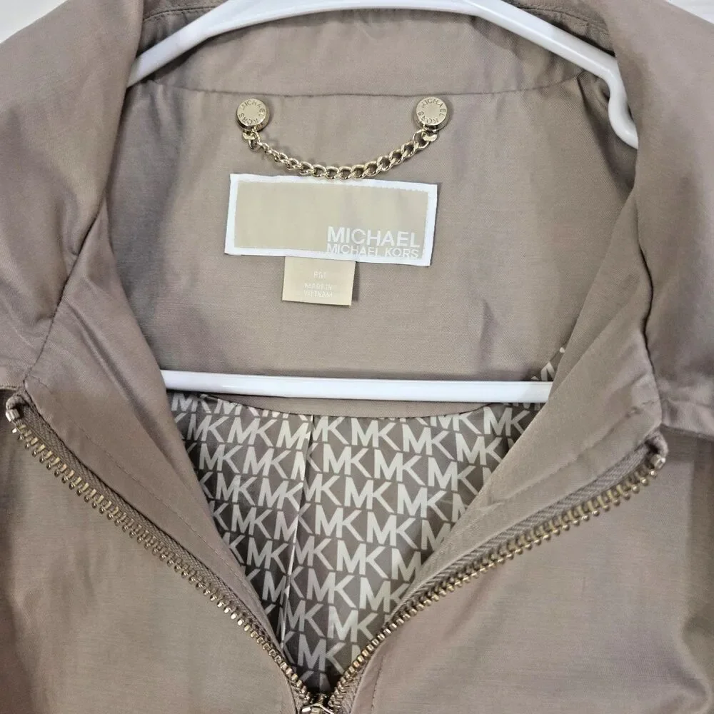Michael Kors Petite M Khaki Hooded Rain Jacket Lightweight Gold Zip